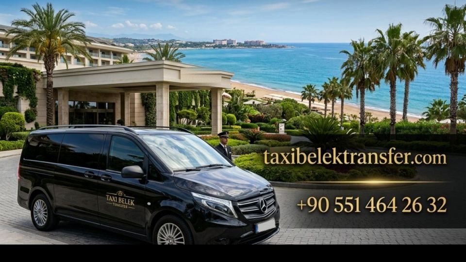Illustration of a Mercedes Vito transfer van at a Belek resort entrance